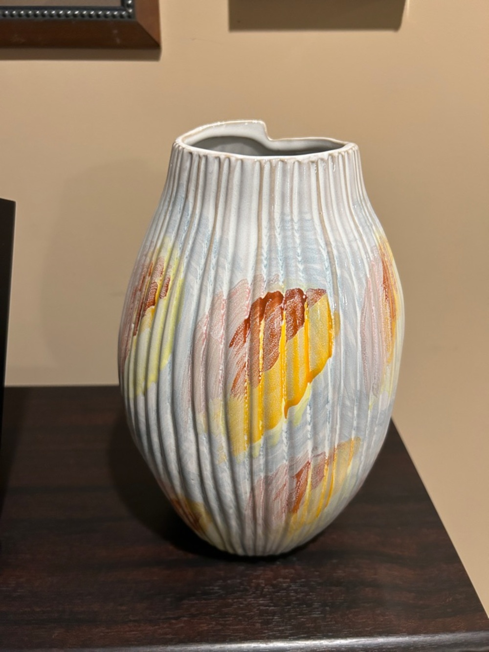 Anthropologie White Ribbed Ceramic Vase with Yellow and Orange Brushstrokes